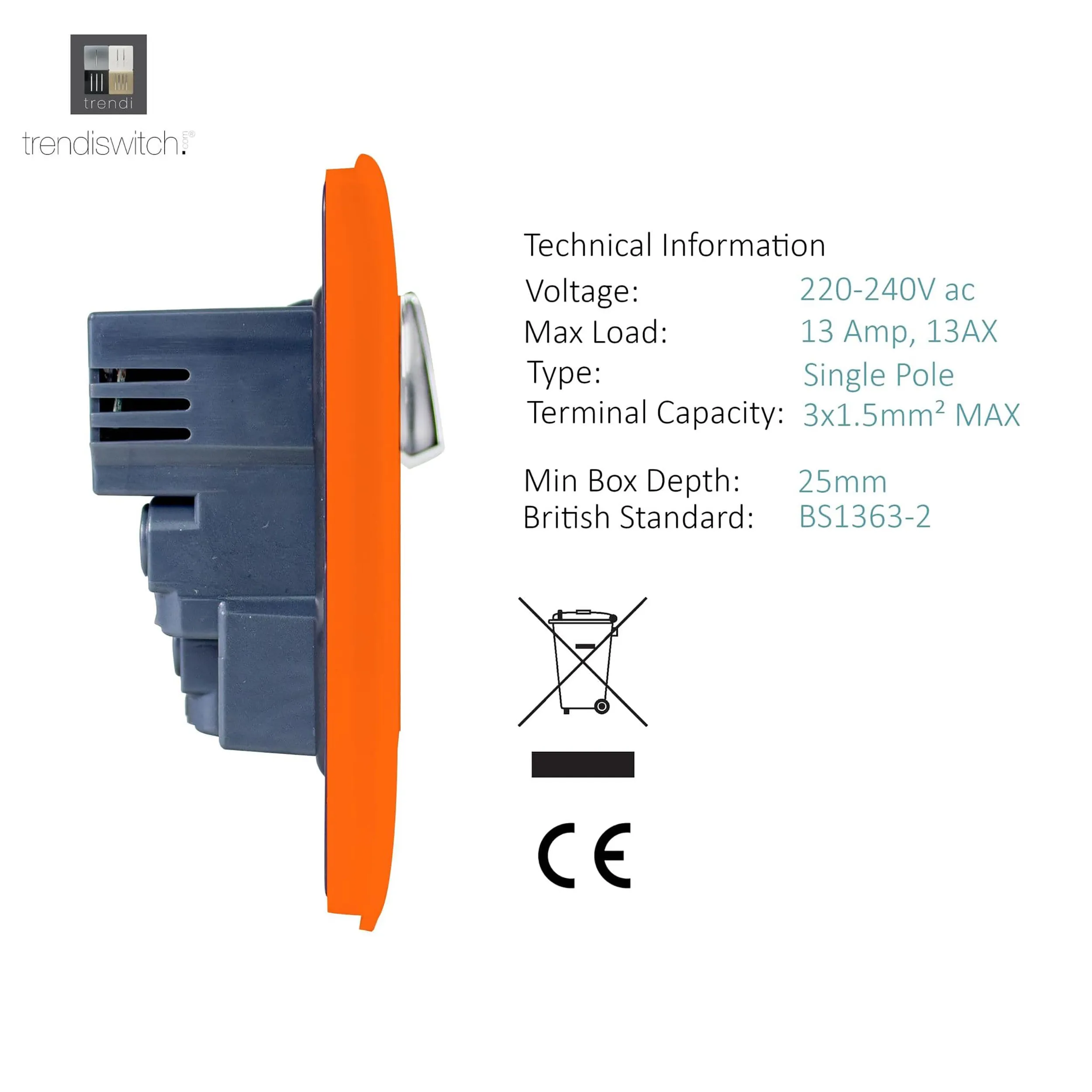 1 Gang 13Amp Switched Single Socket With 2 x USB Orange ART-SKT13USBOR  Trendi Orange